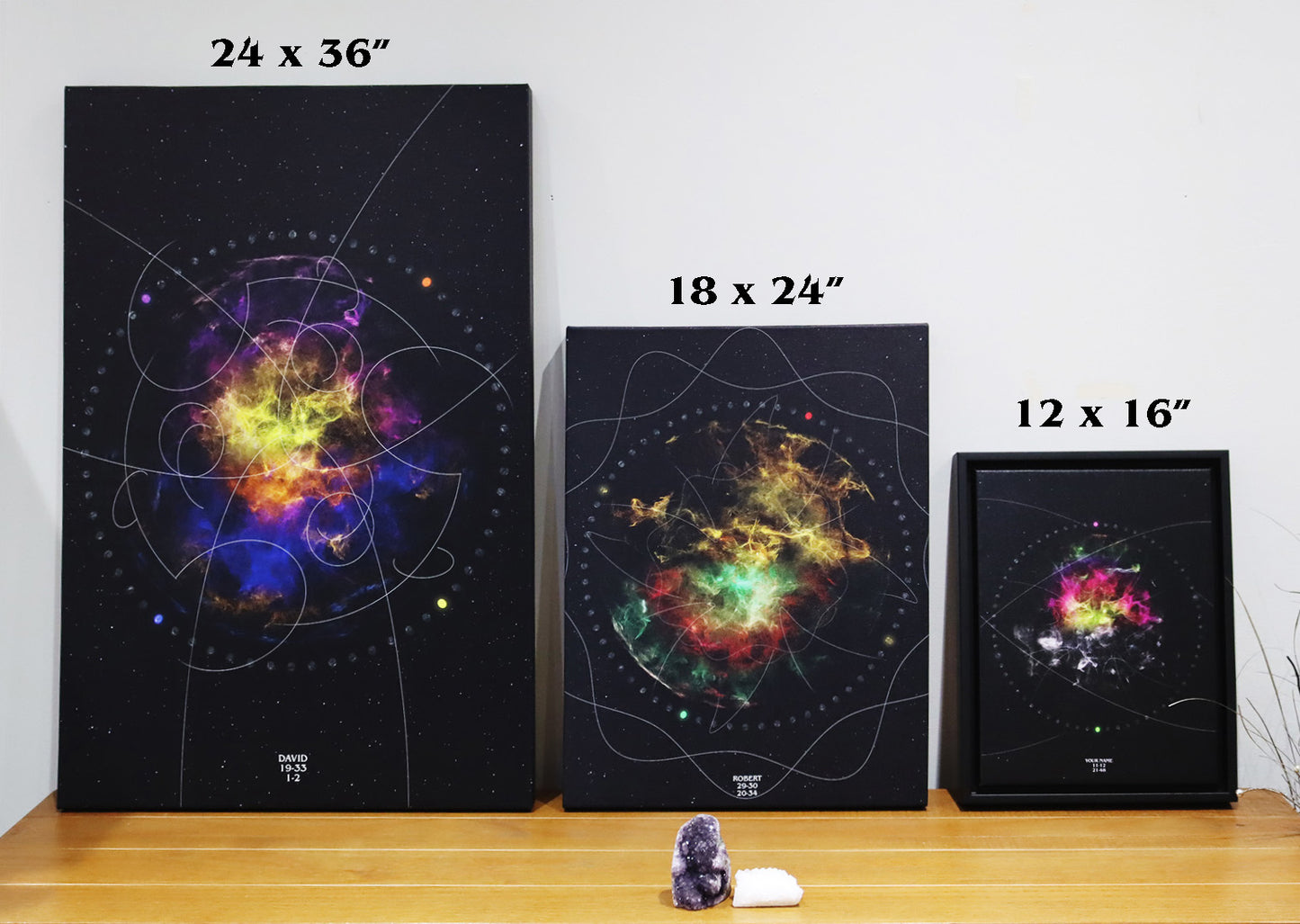 The sizes for scale of the custom Soul Blueprint Art illustrating an individual's unique Natal Chart