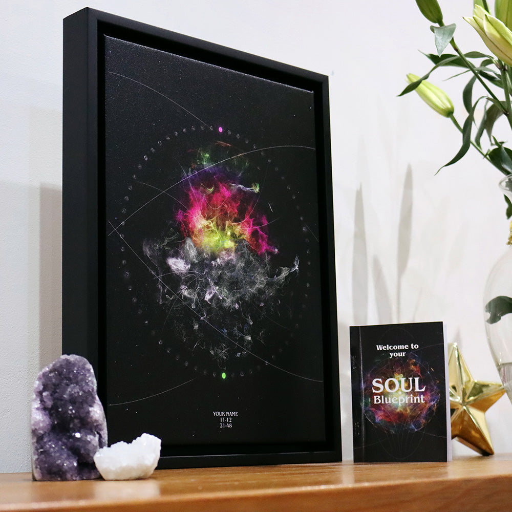 Soul Blueprint Art print and personalised guide book, a representation of a Human Design Chart